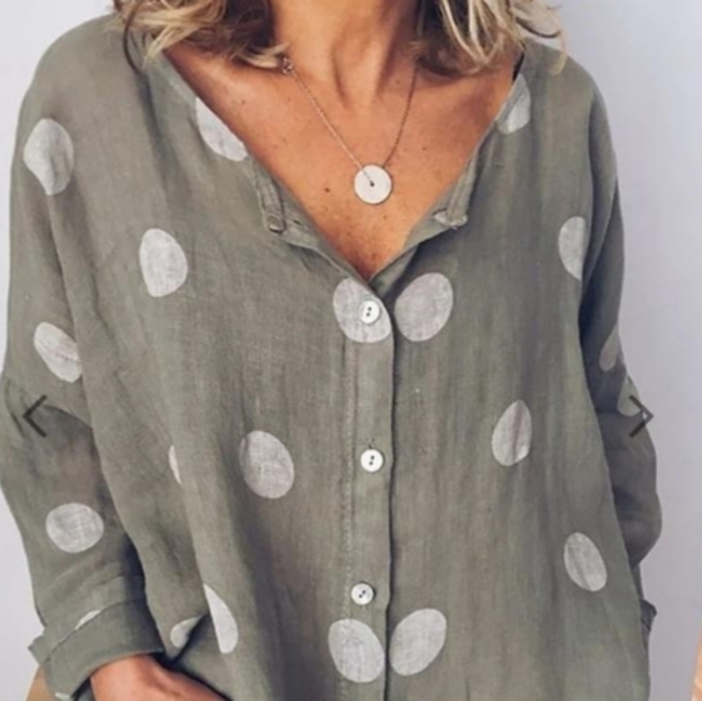 Tan blouse with white polka dots